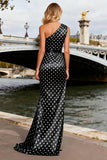 One Shoulder Black and White Polka Dot Long Prom Dress