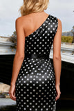 One Shoulder Black and White Polka Dot Long Prom Dress