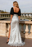 Black and White Polka Dot Short Sleeve Prom Dress with Slit