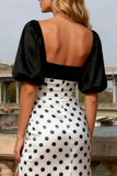 Black and White Polka Dot Short Sleeve Prom Dress with Slit