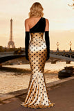 One Shoulder Mermaid Black and Champagne Polka Dot Prom Dress