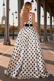 Black and White Polka Dot Ball Gown V Neck Prom Dress with Slit