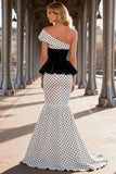 Black and White Polka Dot One Shoulder Mermaid Prom Dress