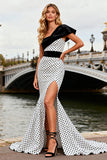 One Shoulder Mermaid Black and White Polka Dot Prom Dress