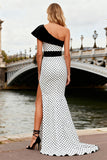 One Shoulder Mermaid Black and White Polka Dot Prom Dress