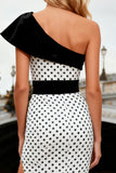 One Shoulder Mermaid Black and White Polka Dot Prom Dress
