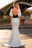 Mermaid Cut Out Black and White Polka Dot Prom Dress