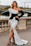 One Shoulder Black and White Polka Dot Mermaid Prom Dress