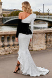 One Shoulder Black and White Polka Dot Mermaid Prom Dress