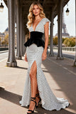 Mermaid Black and White Polka Dot Cap Sleeve Prom Dress