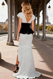 Mermaid Black and White Polka Dot Cap Sleeve Prom Dress