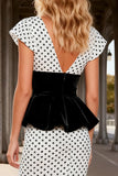 Mermaid Black and White Polka Dot Cap Sleeve Prom Dress