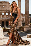 Mermaid Leopard V-Neck Khaki High-Low Prom Dress With Blet