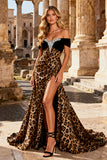 Off the Shoulder Mermaid Leopard Khaki Long Prom Dress With Slit