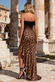 Strapless Ruffle Mermaid Leopard Khaki Long Prom Dress With Slit