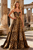 Khaki Leopard A Line Spaghetti Straps Long Prom Dress With Lace