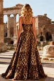 Khaki Leopard A Line Spaghetti Straps Long Prom Dress With Lace