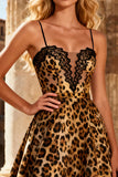 Khaki Leopard A Line Spaghetti Straps Long Prom Dress With Lace