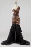 One Shoulder Mermaid Tulle Leopard Khaki High-Low Prom Dress