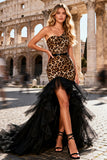One Shoulder Mermaid Tulle Leopard Khaki High-Low Prom Dress
