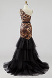 One Shoulder Mermaid Tulle Leopard Khaki High-Low Prom Dress