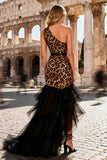 One Shoulder Mermaid Tulle Leopard Khaki High-Low Prom Dress