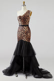 One Shoulder Mermaid Tulle Leopard Khaki High-Low Prom Dress