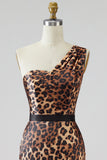 One Shoulder Mermaid Tulle Leopard Khaki High-Low Prom Dress
