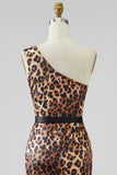One Shoulder Mermaid Tulle Leopard Khaki High-Low Prom Dress