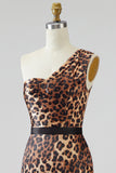 One Shoulder Mermaid Tulle Leopard Khaki High-Low Prom Dress