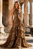 Khaki Leopard Halter Ruffle Mermaid Long Prom Dress
