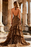 Khaki Leopard Halter Ruffle Mermaid Long Prom Dress