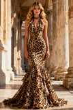 Halter Mermaid Leopard Khaki Ruffle Tiered Long Prom Dress