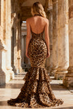 Halter Mermaid Leopard Khaki Ruffle Tiered Long Prom Dress