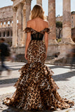 Off the Shoulder Mermaid Corset Tiered Ruffle Khaki Leopard Long Prom Dress