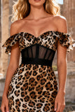 Off the Shoulder Mermaid Corset Tiered Ruffle Khaki Leopard Long Prom Dress