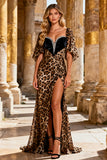 Leopard Mermaid Khaki Half Sleeve Beaded Long Prom Dress With Slit