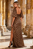 Leopard Mermaid Khaki Half Sleeve Beaded Long Prom Dress With Slit