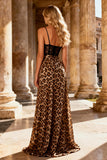 Khaki Leopard Corset V-Neck Long Prom Dress With Slit