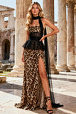Strapless Leopard Mermaid Khaki Long Prom Dress With Slit
