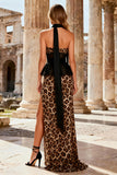 Strapless Leopard Mermaid Khaki Long Prom Dress With Slit
