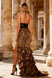 Khaki Leopard Mermaid Hlater Ruffle Long Prom Dress With Slit