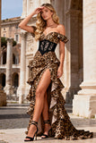 Off the Shoulder Khaki Leopard Corset Mermaid Ruffle Long Prom Dress With Slit