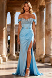 Mermaid Sky Blue Corset Off the Shoulder Ruched Long Prom Dress With Slit