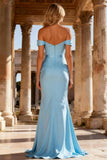 Mermaid Sky Blue Corset Off the Shoulder Ruched Long Prom Dress With Slit
