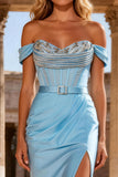Mermaid Sky Blue Corset Off the Shoulder Ruched Long Prom Dress With Slit