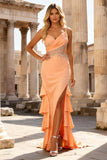 Mermaid Peach Tiered Long Prom Dress With Ruffles