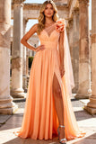 A Line Peach One Shoulder Long Prom Dress With Slit