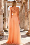A Line Peach One Shoulder Long Prom Dress With Slit