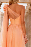 A Line Peach One Shoulder Long Prom Dress With Slit